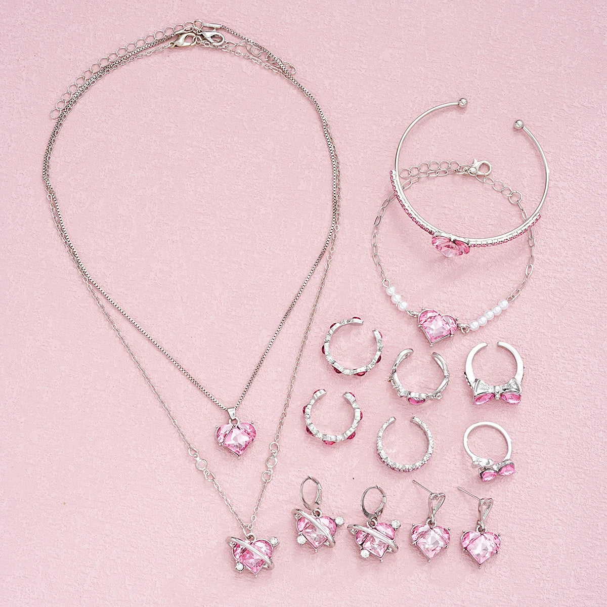 14 Stück rosa Kristall-Herzanhänger, Halsketten, Ohrringe, Ringe und Armbänder für deine Barbie-Mode ✨