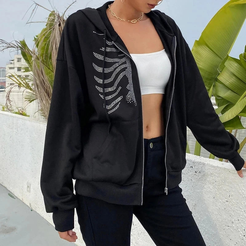 Y2K Strass Skelett Hoodies Frauen Gothic Schwarz Zip Up Übergroße Sweatshirts Weibliche Retro Harajuku Kapuzenjacke Streetwear